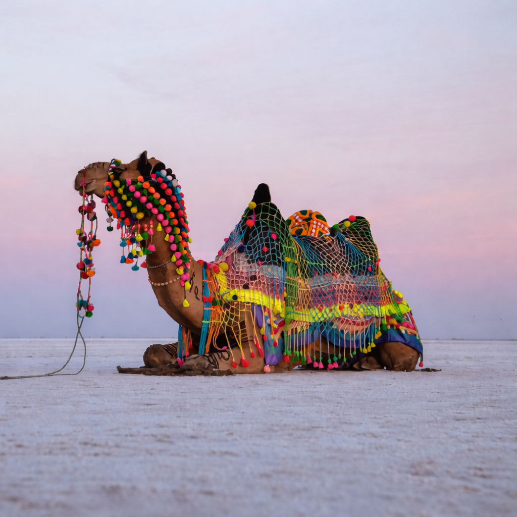 Decorated camel resting on the white salt desert of White Rann of Kutch during sunset with colorful traditional ornaments.
